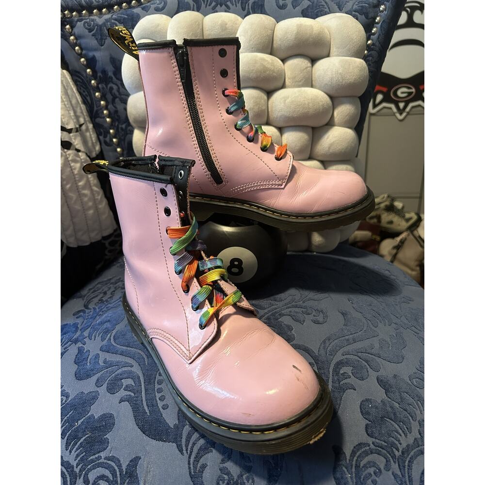 Dr Martens Pale Pink Patent Leather with Rainbow Laces size 7/EU 38